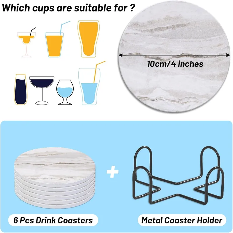 Absorbent Ceramic Coaster Set with Metal Holder, 6-Piece