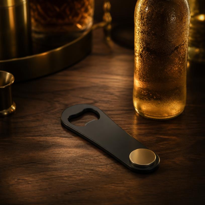 Magnetic bottle opener on a bar counter