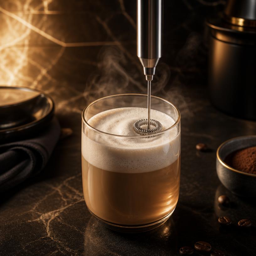 Milk frother whisking a latte