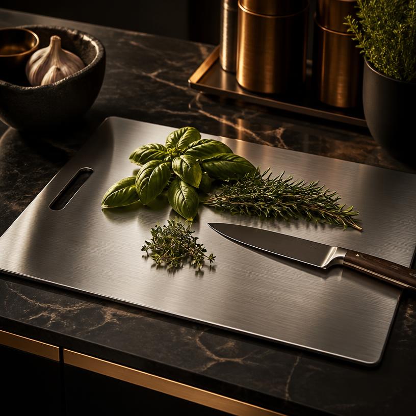 Stainless steel cutting board with fresh herbs