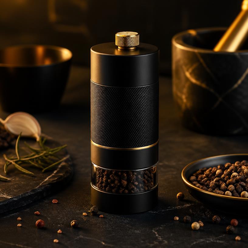 Matte black grinder with gold accents