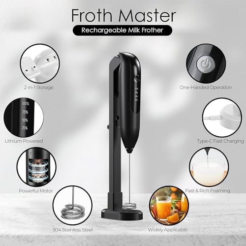 GOCHA Gadgets | Rechargeable Milk Frother Handheld with Stand | Electric Frother Mixer | Foamer for Coffee, Cappuccino, Latte, Matcha | 2 Speed Adjustable | Portable Type-C Wireless Charging