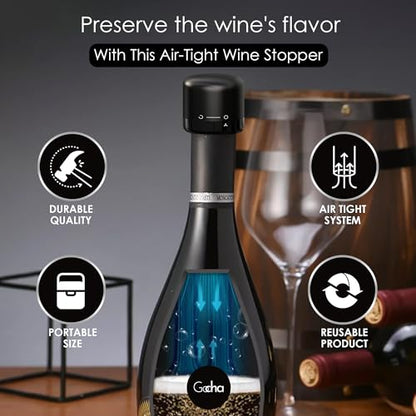 GOCHA Gadgets | Vacuum Wine Stopper | Champagne Stoppers With Vacuum Built-in | 1.5 inch Silicone Twist Top Wine Stopper | Reusable, Leak Proof Vacuum Bottle Cap Sealer